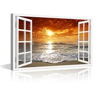 3D Window Effect Wall Art Decor Canvas Painting Dusk Beach Coastal Wave Pictures Fake Window Artwork Framed Prints for Home Office Decor 36x24in Ready to Hang