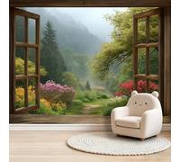 3D Window Frame Garden View Photo Mural - 200 x 140 cm Non-Woven Premium Fleece Wall Mural - High Definition Art Print Teen Bedroom Game Room Decoration Environmental Friendly Photo Wallpaper