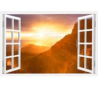 3D Window View Canvas Wall Art Sunset Over Mountain Poster Canvas Art Forest Nature Landscape Rustic Home Decor Artwork Canvas Wall Decor for Living Room Bedroom Framed Ready to Hang - 36"W x 24"H