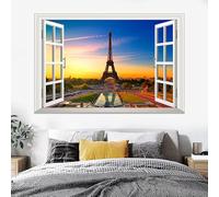 3D Window View Eiffel Tower Wall Stickers Paris Sunset Wallpaper Removable PVC Wall Art Decals Self-Adhesive Vinyl Sticker for Living Room Bedroom Entryway Study Room Home Decor