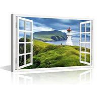 3D Window View Faroe Islands Wall Art for Living Room Canvas Art Wall Decor Mikinski Lighthouse Pictures Natural Landscape Painting Stretched Framed Ready to Hang 12x18inch