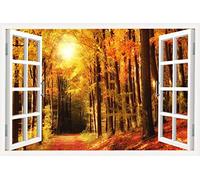 3D Window View Forest Landscape Canvas Art Wall Decor Autumn Natural Scenery Modern Home Decor Canvas Wall Decor for Living Room Bedroom Office Posters Prints Framed Ready to Hang - 36"W x 24"H