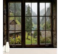 3D Window View Mountain Village Nature Wallpaper Decals, 3D Wall Illusion Landscape Murals Waterproof PVC, Scenery View Wall Stickers Self Adhesive for Sofa Background Bedroom Living 230x210 cm