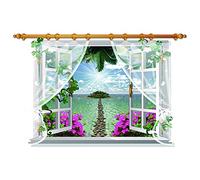 3D Window View Scenery Wall Sticker Mural Art Decal for Home Decor Ocean Beach View with Curtain