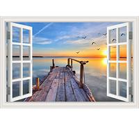 3D Window View Wall Decal Vinyl Sticker Seaside Beach Bridge Sunset Wallpaper Mural Living Decor Wall Art Landscape Sticker