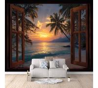 3D Window Wallpaper 250x175cm, Summer Beach Photo Wallpaper,Modern Art Wall Murals,for Living Room Bedroom Decoration, Easy to Install