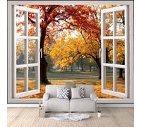 3D Window Wallpaper 300x256cm, Autumn Landscape Photo Wallpaper,Modern Art Wall Murals,for Living Room Bedroom Decoration, Easy to Install