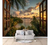 3D Window Wallpaper 500x280cm, Beach Seascape Photo Wallpaper,Modern Art Wall Murals,for Living Room Bedroom Decoration, Easy to Install