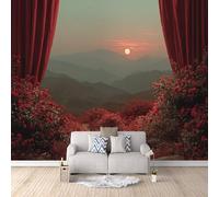 3D Window Wallpaper 500x280cm, Mountains Floral Photo Wallpaper,Modern Art Wall Murals,for Living Room Bedroom Decoration, Easy to Install