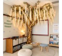 3D Wisteria Tree Ceiling Decor with Light, Back to School Classroom Bulletin Board Decor, 24 PCS Kraft Paper Fake Vine for Hanging Bedroom Indoor Aesthetic Decoration White