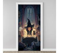 3D Witch Cat Door Sticker, Wizard Magic Book Mural, Fantasy Fairy Tale Theme Wallpaper Self-Adhesive Removable PVC Door Decal for Bedroom Living Room Home Decor Wall Murals 85x215 cm O4d52