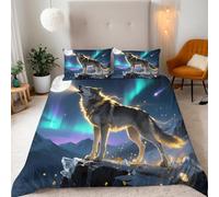 3D Wolf Animal Duvet Cover Set Double, Aurora Print Bedding, reversible Design, Includes 1 Duvet Cover 150x200cm & 2 Pillow Cases 50x75cm, Microfiber, Easy Care, for teen