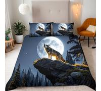 3D Wolf Animal Duvet Cover Set Double, Forest Moon Print Bedding, reversible Design, Includes 1 Duvet Cover 155x220cm & 2 Pillow Cases 50x75cm, Microfiber, Easy Care,for teen
