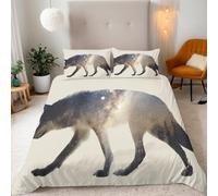 3D Wolf Animal Duvet Cover Set Double, Forest Starry Sky Print Bedding, reversible Design, Includes 1 Duvet Cover 155x220cm & 2 Pillow Cases 50x75cm, Microfiber, Easy Care,for teen