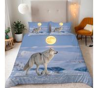 3D Wolf Animal Duvet Cover Set Double, Snow Moon Print Bedding, reversible Design, Includes 1 Duvet Cover 155x220cm & 2 Pillow Cases 50x75cm, Microfiber, Easy Care,for teen