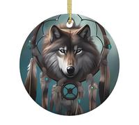 3D Wolf Dream Catcher Christmas Ceramic Ornament Round Hanging Decoration with Gold String, Double-Sided Print Holiday Keepsake Gift for Home & Tree