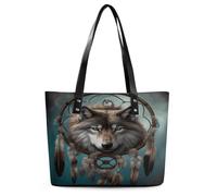 3D Wolf Dream Catcher Tote Bag Large Soft Leather Purse with Zipper Lightweight Ladies Shoulder Handbag