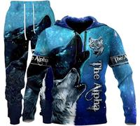 3D Wolf Print Sweatpants and Hoodie Set Men's Tracksuit Two Piece Set Wolf Men's Hooded + Trousers Men's Wolf Tracksuit Jogging Suit Pullover, F-Wolf 4, L