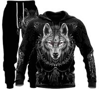 3D Wolf Print Sweatpants and Hoodie Set Men's Tracksuit Two Piece Set Wolf Men's Hooded + Trousers Men's Wolf Tracksuit Jogging Suit Pullover, F-Wolf 3, XL