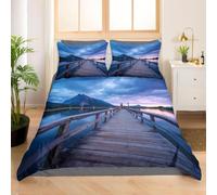 3D Wooden Boardwalk Single Duvet Cover Set Lake View Single Bedding Sets Warm Comfort Microfiber Quilt Cover 150x200 cm with 2 Pillowcases for Boys Girls Bedroom D-1640