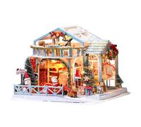 3D Wooden Christmas Miniature House, Winter Scene Assemble Model with Music Box, LED Light & Glass Cover, Handcrafted Puzzle Gift for Adults, Home & Office Holiday Desktop Decor (200+PCS)