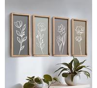 3D Wooden Floral Bathroom Wall Decor (Set of 4) Lightweight, Ready-to-Hang Framed Wall Art For Living Room, Bedroom, or Office - Premium Boho Botanical Farmhouse Decorations - Gift-Boxed