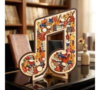 3D Wooden Music Note Puzzle Ornament with Display Stand, Musical Note Jigsaw with Instrument-Shaped Pieces Guitar Violin Piano Drum, Desk Decor for Music Room Studio, Gift for Musics Lovers Teachers