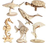 3D Wooden Puzzle Sea Life Collection, 6 Piece Set, Marine Animal Models with Stands, DIY Assembly Kit