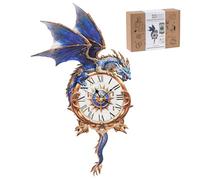 3D Wooden Puzzles for Adults, Blue Dragon Clock Model Kits with Pendulum