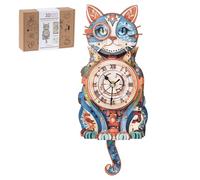 3D Wooden Puzzles for Adults, Detective Cat Clock Model Kits with Pendulum