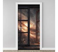 3D Wooden Window Universe Swirl Door Sticker, Galaxy Nebula Stars Mural, Fantasy Space Wallpaper Self-Adhesive Removable PVC Door Decal for Bedroom Living Room Home Decor Wall Murals 85x215 cm A5j152