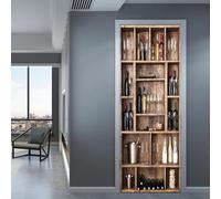 3D Wooden Wine Cooler Door Stickers - Self-Adhesive Wine Rack Decals for Home Decor Bedrooms Living Rooms Bathrooms 90 x 210 cm Artistic Murals A7640