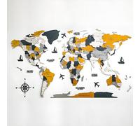 3D Wooden World Map Wall Art, Large Travel Map Wall Décor for Living Room, Modern Home Office Decorative Artwork, Unique Wood Geography Gift(Yellow,250x142cm/98x56in)