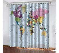 3D World Map Blackout Curtains Eyelet Curtains Room Darkening Thermal Insulated Map Curtain Children Adult Curtains for Bedroom Living Room 2 Panels 46 x 72 Inch (W x L)