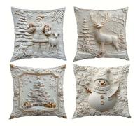 3D Xmas Pillow Covers Set of 4, White Cotton Embroidered-Look Cushion Covers with Santa Snowman Reindeer Tree for Living Room Sofa Armchair (40 * 40cm)