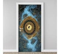 3D Yin-Yang Tai Chi Smoke Door Sticker, Gold Bagua Compass Mural, Oriental Magic Retro Wallpaper Self-Adhesive Removable PVC Door Decal for Bedroom Living Room Home Decor Wall Murals 85x215 cm A5j27