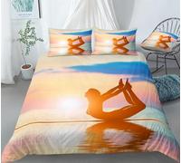 3D Yoga Single Duvet Cover Set Sunrise at the Seaside Single Bedding Sets Warm Comfort Microfiber Quilt Cover 135x200 cm with 2 Pillowcases for Boys Girls Bedroom E-6049