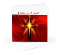 3dRose gc_235442_5 6 x 6-Inch "Image of Happy Easter in Greek with Red Fiery Cross" - Greeting Card