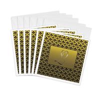 3dRose gc_36090_1 6 x 6-Inch "Elegant Letter L Embossed in Gold Frame Over a Black Fleur-De-Lis Pattern on a Gold Background" Greeting Card (Pack of 6)