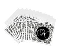 3dRose gc_38763_2 6 x 6-Inch "Letter N - Black and White Damask" Greeting Card (Pack of 12)