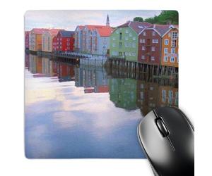 3dRose mp_112962_1 8 x 8-Inch Trondheim Norway - Colorful Rainbow Houses on River Lake Reflection Calm Water Norwegian Photography Mouse Pad