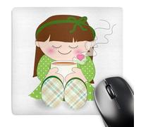 3dRose mp_113065_1 8 x 8-Inch Cute Girl Holding Mug - Kawaii Green Dress Doll Relaxing - Steaming Cup Happy Peaceful Calm Relaxed Mouse Pad