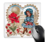 3dRose mp_170536_1 8" x 8" Pretty Little Girl in a Blue Bonnet Sitting on a Bench with Poppies Mouse Pad