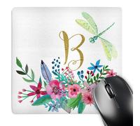 3dRose mp_267731_1 8" x 8" Pretty Watercolor Floral Green Dragonfly Gold Monogram B Design Mouse Pad