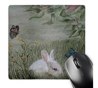 3dRose mp_44347_1 8 x 8 Bunny Rabbit in Grass with Butterflies Flying Nearby Mouse Pad