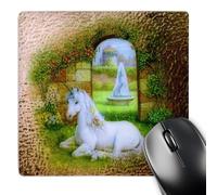 3dRose mp_52233_1 8 x 8 Unicorn Gate Beautiful White Unicorn Flowers and a Golden Garden gate Mouse Pad