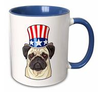 3dRose Pug Wearing top hat with American Flag on it 11oz Two-Tone Blue Mug