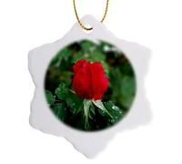 3dRose Rosebud After the Rain, Red Rose Bud Glistening in the Aftermath of a Storm 3 inch Snowflake Porcelain Ornament