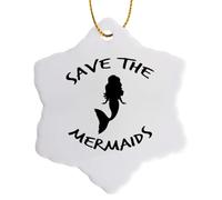 3dRose Save the Mermaids with Mermaid. Black Lettering on White Background. 3 inch Snowflake Porcelain Ornament