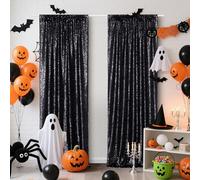 3E Home Black Sequin Backdrop Curtains, 2 Panels 2FTx8FT Glitter Photo Booth Backdrop for Halloween Birthday Party Decorations
